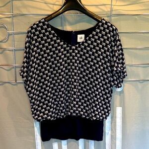 CAbi Navy and White Elephant Print Blouse; Size Small; Dress up/dress down!!